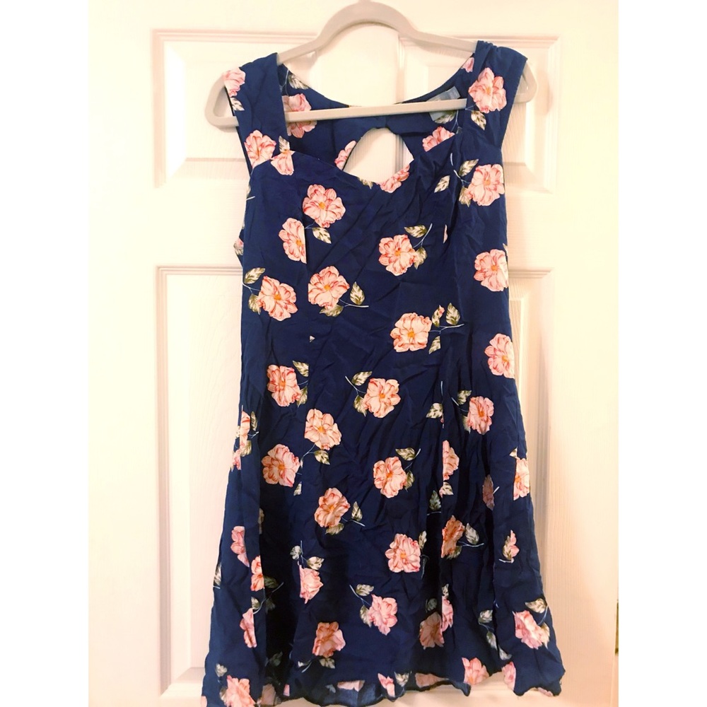 Navy blue floral tea dress.